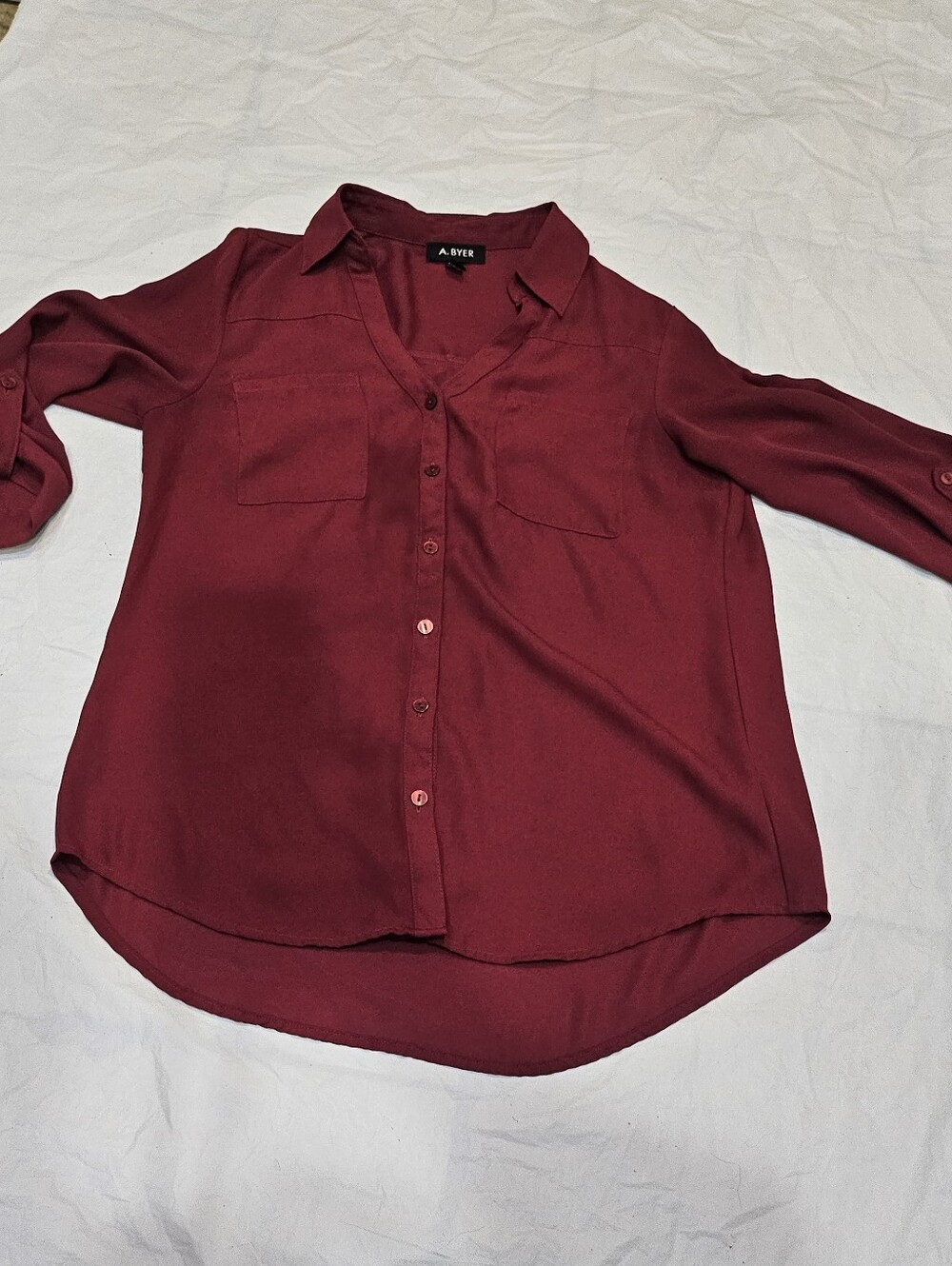 A. Byer Burgundy Roll-Tab Blouse Medium True Chest Pockets